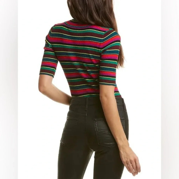 385 Milly Stripped Ribbed Short Sleeve Blouse Size Small Color Black Red - Picture 2 of 7